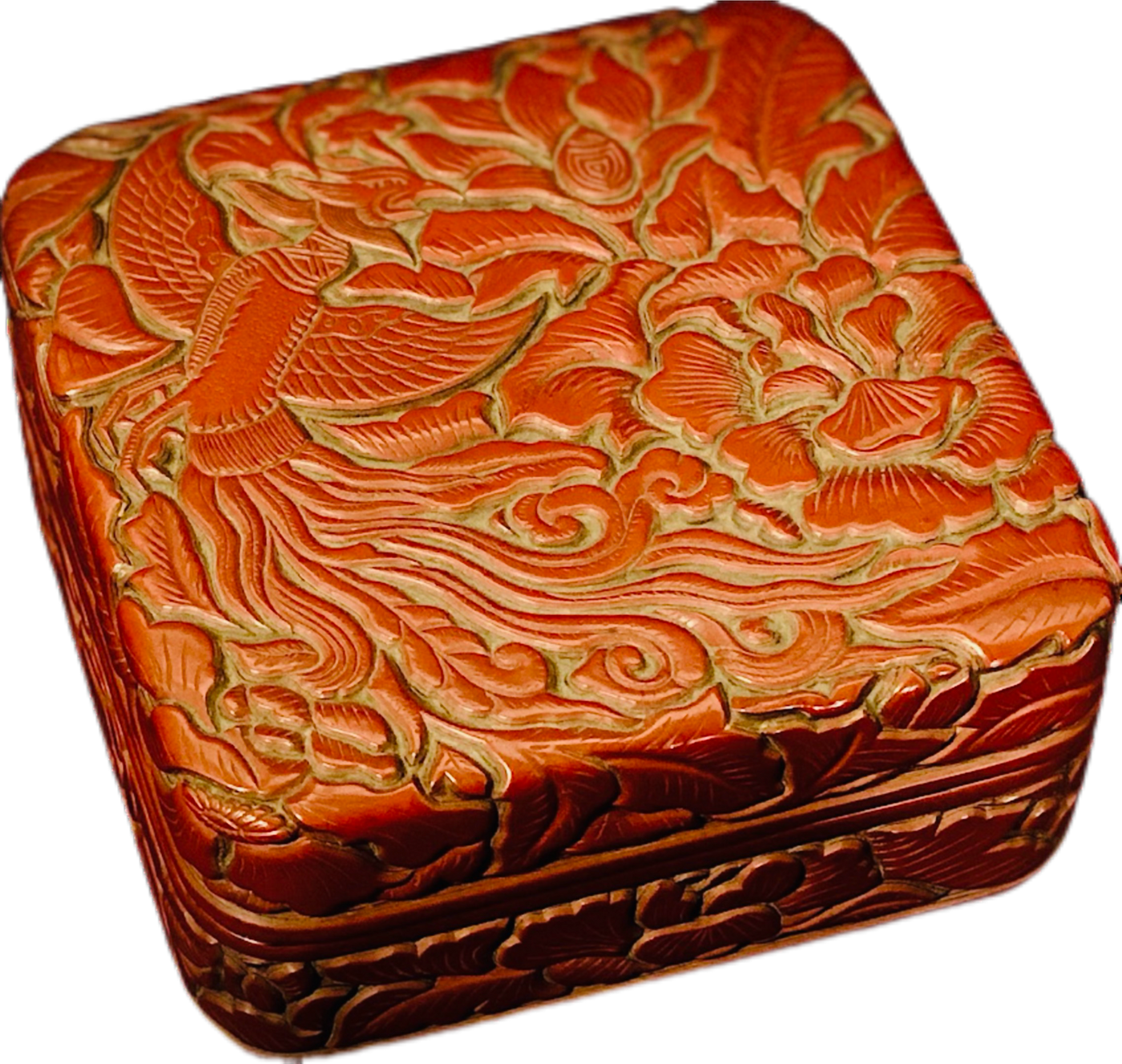 朱漆堆朱鳳凰花卉文四方蓋盒 | 朱漆堆朱凤凰花卉纹四方盖盒 | A Carved Red Lacquer Square Box with Phoenix and Floral Design