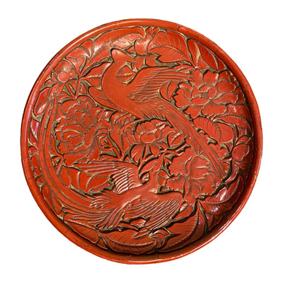堆朱花鳥丸中盆 | 剔紅花鳥紋圓盆 | A Carved Red Lacquer Circular Tray with Flower-and-Bird Motif