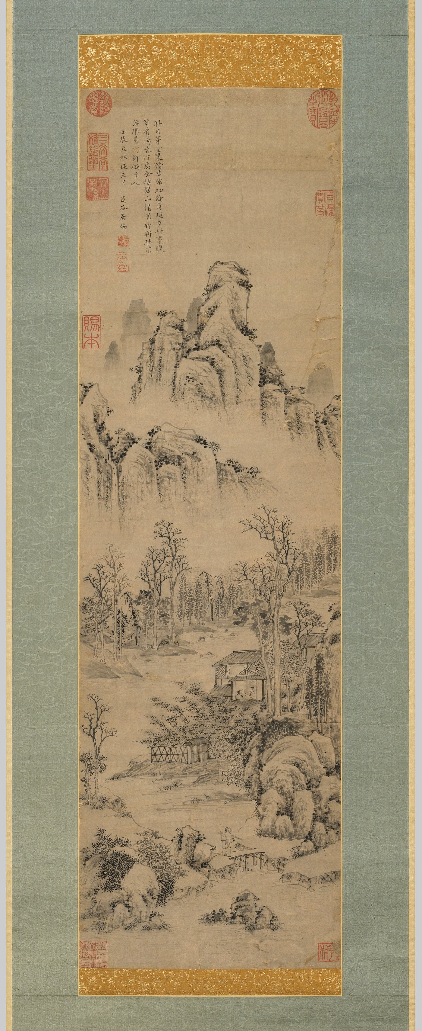 明人居節水墨山水之図 一幅 Ju Jie Mountain a drawing scroll with Qianlong mark